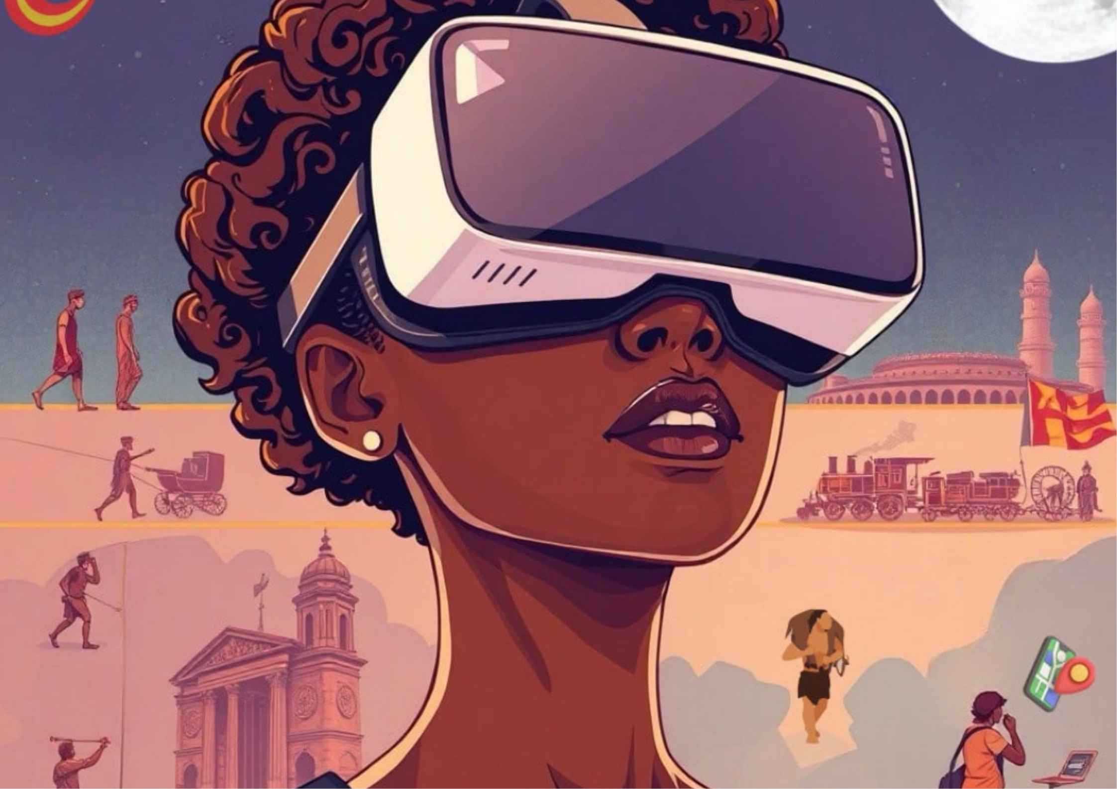 An AI generated image of a brown lady experiencing the history of travel and tourism through a virtual immersion.