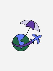 Illustration of an airplane flying around our planet and a purple sunshade over it.