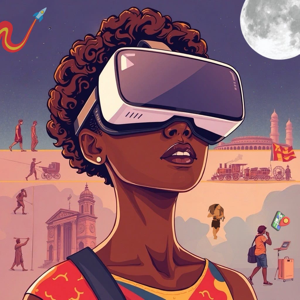 Uma imagem gerada por IA mostrando uma mulher negra vivenciando a história de viagens e turismo através de uma imersão virtual.
