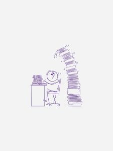 Ilustração de um boneco palito digitando e organizando alguns documentos, enquanto olha preocupado para uma pilha de papéis atrás dele.