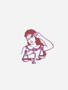 Ilustração de uma mulher segurando a balança da justiça com uma das mãos e removendo a faixa que cobre seus olhos.