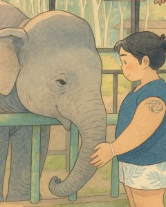 tips-for-solo-female-travellers Ghibli version of Tanvi wearing blue shirt and white shorts with blue palm leaves, hugging the elephant Jaan, which she was baby-sitter for a few weeks, once they rescued her from poor working conditions in Kho Kaew, Thailand.