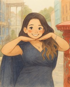 Uma versão minha feita no estilo estúdio Ghibli, usando um vestido azul com uma capa, posando e sorrindo com ambas as mãos sob o queixo, ao lado de uma caixa de correio vermelha em Bristol, Inglaterra.
