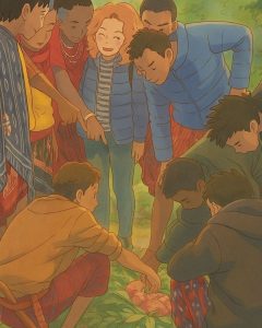 tips-for-solo-female-travellers A Ghibli version of Erika,one of my favourite solo female travellers, wearing jeans trousers and a blue jacket, hanging out with the Maasai people in Zanzibar, Africa.