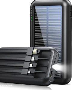 O carregador solar portátil Uyayohu é compatível com Android e iPhone, cabos incluídos, luz emergencial LED, ideal para uso externo.