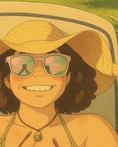 Uma versão Ghibli da Augusta usando óculos escuros e um chapéu, sorrindo para uma selfie durante seu tempo relaxante nas férias.