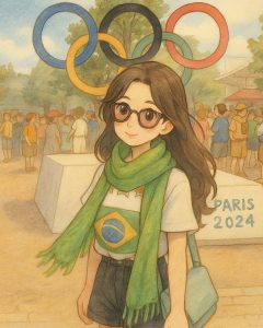 tips-for-female-solo-travellers A Ghibli version of Nadia wearing a Brazil t-shirt, jeans shorts and a green scarf when she watched the French Olympics.