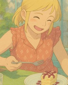 Versão Ghibli de Marleen usando uma camisa florida rosa e comendo feliz uma fatia de torta durante suas viagens.