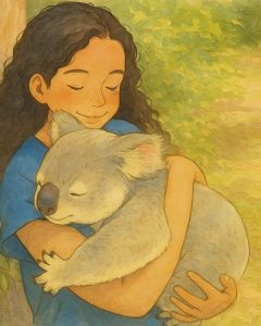 tips-for-female-solo-travellers Ghibli version of Sonia, another one of my favourite solo female travellers wearing a blue shirt and tenderly holding a koala during her trips.