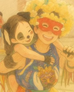 Versão Ghibli de Pamela carregando sua pequena Solcita nas costas. Pamela usa uma camisa colorida personalizada de carnaval, uma máscara vermelha e uma peruca amarela, enquanto a Solcita está fantasiada de cachorrinha.