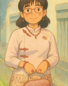 tips-for-solo-female-travellers Ghibli version of Nang wearing traditional Burmese white and red clothes, smiling for a picture.