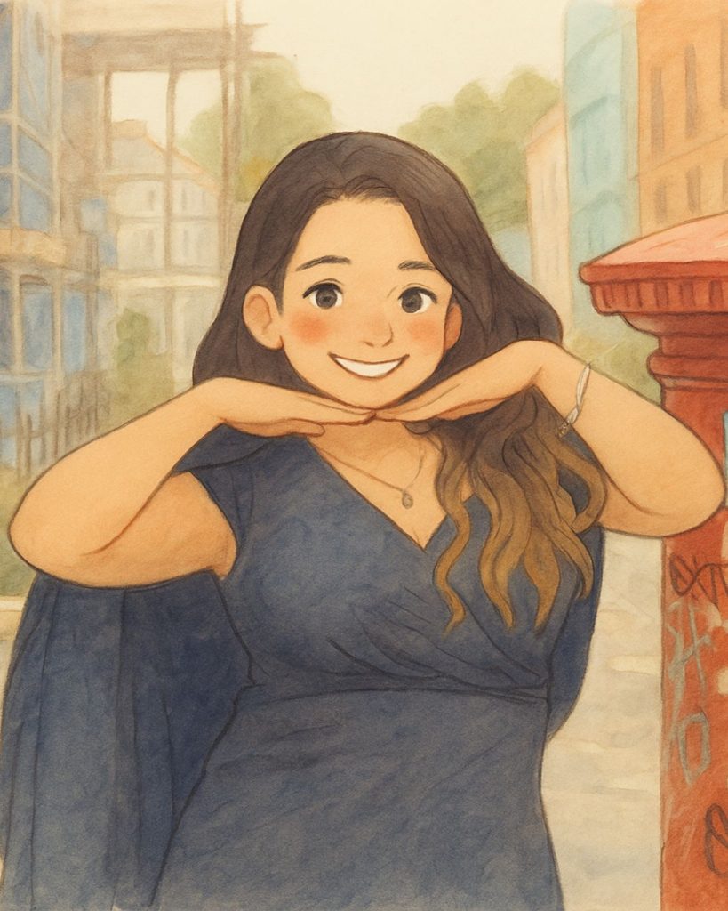 Guides and tips A Ghibli version of me wearing a blue dress with a cape, posing and smiling with both hands under my chin, next to a red post box in Bristol, England.