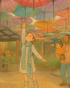tips-for-female-solo-travellers Ghibli version of Natalia posing like a ballerina and trying to reach suspended umbrellas during one of her trips. She wears white dress and boots and a blue scarf.