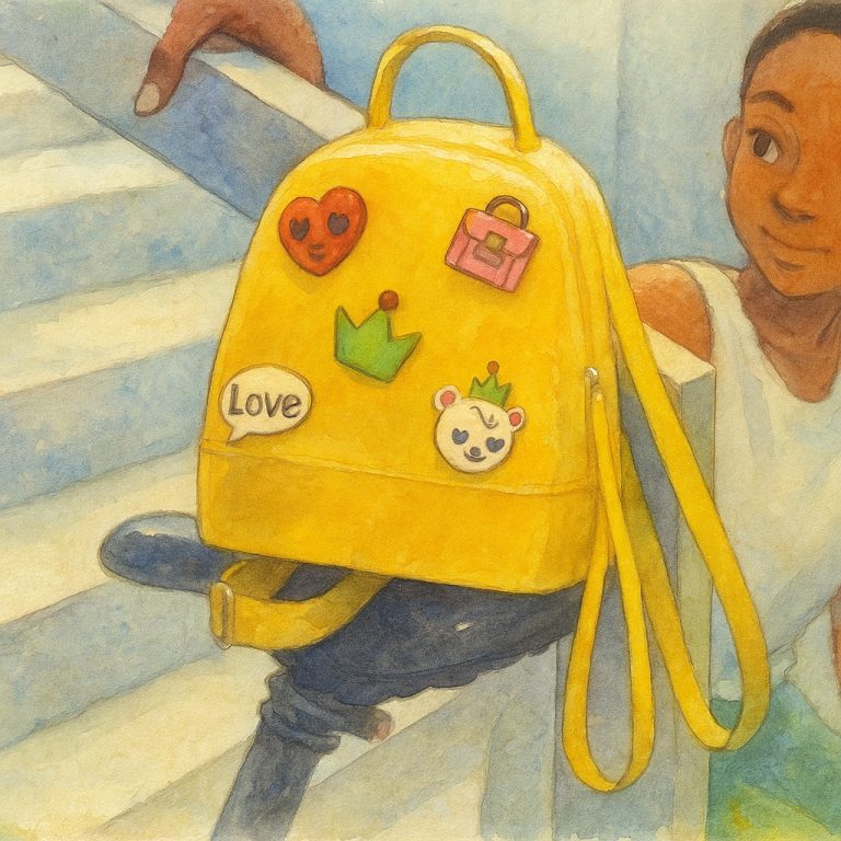 Imagem do Studio Ghibli de uma mulher olhando para sua mochila amarela, com um broche de coração, um de coroa, um com a palavra amor e um de panda na frente da bolsa.
