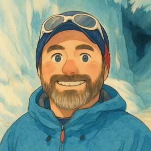 Versão Ghibli de Gav, vestindo uma jaqueta azul e óculos de sol brancos, inclinando-se sobre sua cabeça, sorrindo em frente a uma caverna de gelo.