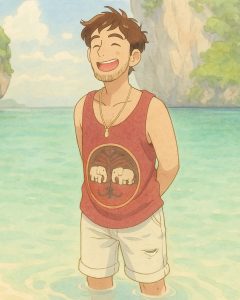 Uma versão Ghibli de Mathieu vestindo uma camisa vermelha sem mangas e shorts jeans na Ilha Phi Phi, Tailândia.