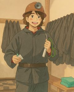 Versão Ghibli de Alex, vestindo um traje de segurança de minerador, para explorar as minas da Bolívia.
