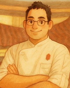 Versão Ghibli de Max* vestindo um uniforme de chef branco e cruzando os braços, sorrindo suavemente para a câmera.