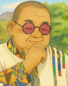 Versão Ghibli de Nkanyezi*, vestindo uma camisa branca com padrões tradicionais coloridos nas mangas e na gola e óculos de sol arredondados cor-de-rosa, com a mão sobre o queixo.