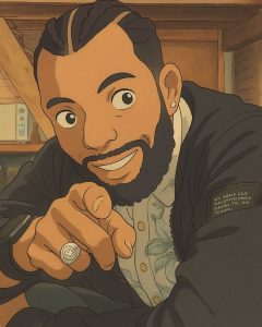 Versão do Ghibli de Abraão vestindo um casaco preto e uma camisa florida, com tranças no cabelo, apontando e sorrindo para a câmera.