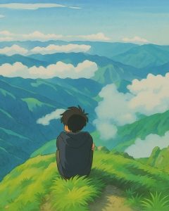 Ghibli version of Anoj, wearing a black hoodie and sitting with his back to the camera on top of a mountain.