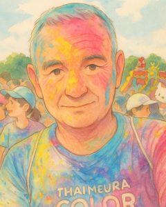 Ghibli version of Arnauld, covered in colourful powder during an event in Thailand.