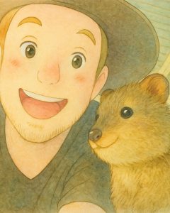 Uma versão da Ghibli do Dave usando um chapéu e uma camiseta preta, enquanto tira uma selfie com um vombate.