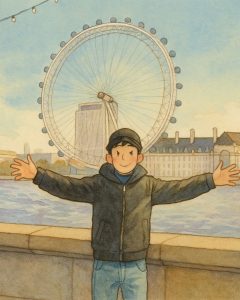 Ghibli version of Davi, wearing jean trousers and a black coat, posing with his arms open in front of the London Eye, in England.