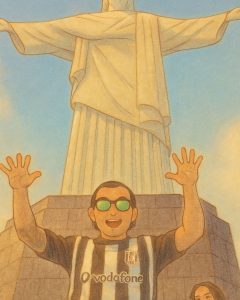 Versão Ghibli de Munir* usando óculos de sol e uma camisa de futebol, posando com os braços abertos em frente ao Cristo Redentor no Rio de Janeiro, Brasil.