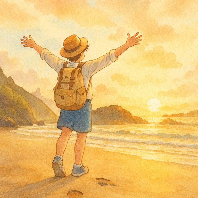 Studio Ghibli drawing of a man facing the ocean with open arms, wearing blue shorts, a bright blue shirt, trainers, a beige hat and a backpack.