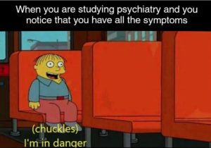 Meme of the Simpsons' character Ralph Wiggum, wearing red trousers, a blue shirt, sitting on a red bench with his eyes and mouth wide open and the phrase: "When you're studying psychiatry, and you notice that you have all the symptoms." "Chuckles. I'm in danger."