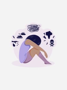 Ilustração de uma mulher sentada, com a cabeça abaixada entre as pernas, vestindo meias, shorts e uma camiseta regata roxos, que parece estar estressada e deprimida.