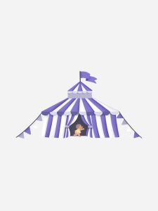 espiritualidade-de-bobagens-esotericas-a-algo-que-mudou-minha-vida Ilustração de uma bebezinha moreninha correndo para dentro de um circo roxo.