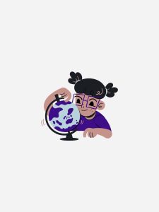 espiritualidade-de-bobagens-esotericas-a-algo-que-mudou-minha-vida Ilustração de uma menina moreninha, com uma maria-chiquinha no cabelo e uma camiseta roxa, olhando para um globo terrestre.