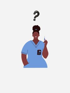 espiritualidade-de-bobagens-esotericas-a-algo-que-mudou-minha-vida Ilustração de uma mulher de ascendência africana, uma médica poderosa, como minha querida Sheyla, vestindo um uniforme azul e segurando uma seringa, com um ponto de interrogação sobre a cabeça.
