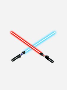 Illustration of two sabres from Star Wars crossing: a red and a blue one.