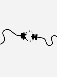 Ilustração de dois cabos se conectando, mas em vez de plugs no fim, são duas peças de quebra-cabeça.
