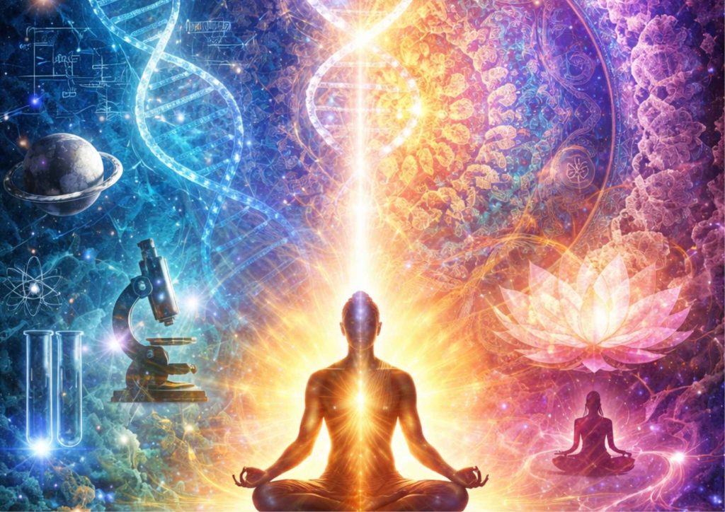 A vibrant, psychedelic collage featuring a glowing meditating figure at the center, surrounded by luminous DNA strands, a microscope, test tubes, planets, and a blooming lotus, all in radiant blue, purple, pink, and orange hues. The scene conveys a fusion of science, mind, and spirituality.