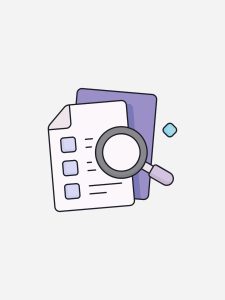 Illustration of a magnifier over two sheets of paper, indicating research.