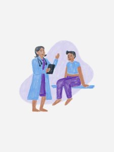 Illustration of a female doctor attending a female patient.