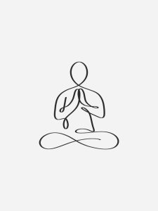 Image of a human silhouette with both hands united in front of its face, sitting in a meditative pose. 