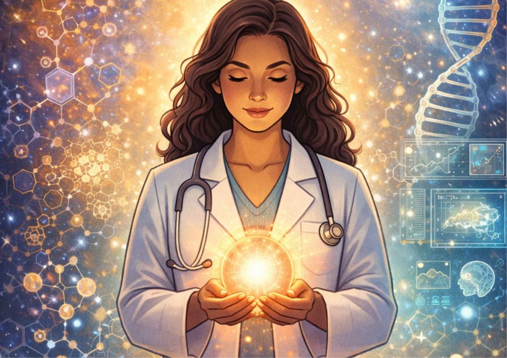 Illustration of a female doctor holding a ball of light and in her background, elements integrating science and spirituality.