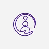 A minimalist icon showing a small person with a circle around it and a heart on top of its head, symbolising a safe space.